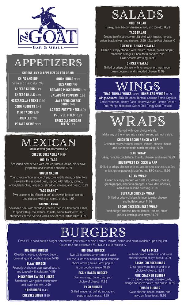 The Goat Bar and Grill 3 FOR $23